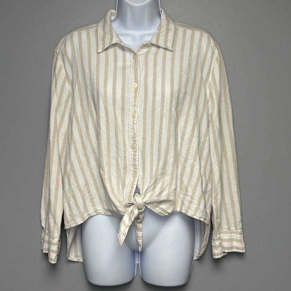 Loft Neutral Nautical Beachy Resortwear Striped Tie Front Linen Blend Top Sz XL